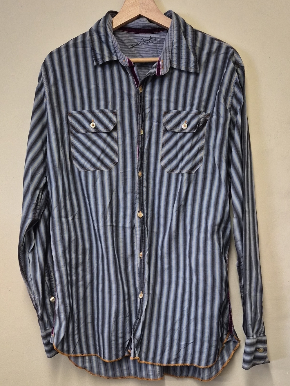Men's Striped Long-Sleeve Button-Down Shirt in Blue Size L